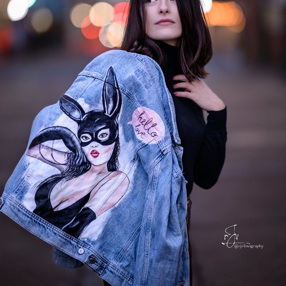 Vintage Denim Jacket Lady Bunny Women's M Size Hand Painted Art - Picture 1 of 6